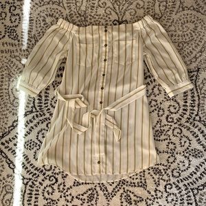 Sweet Wanderer White Striped Off the Shoulder w Buttons Long Sleeve Mini Dress